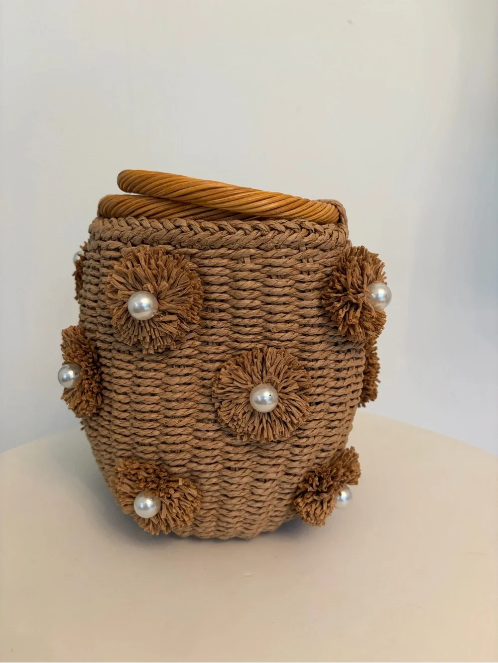 Handwoven Brown Raffia Basket Bag with Pearl Accents